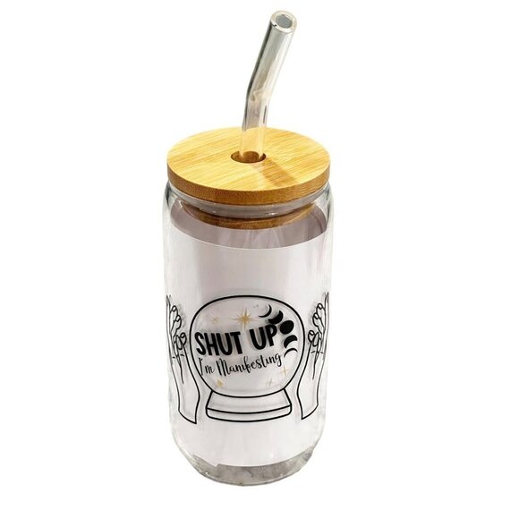 TAROT manifesting drinking glass bamboo lid glass straw "shut up I'm manifesting - Picture 1 of 5